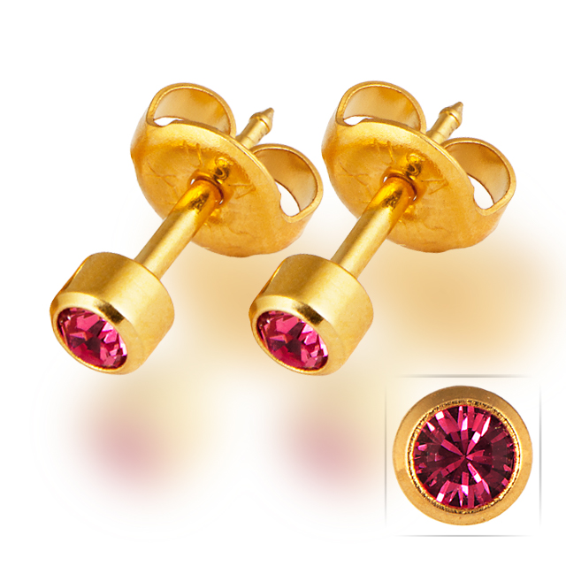 Arany színű orvosi acél belövős fülbevaló rózsaszín kővel - Piercing